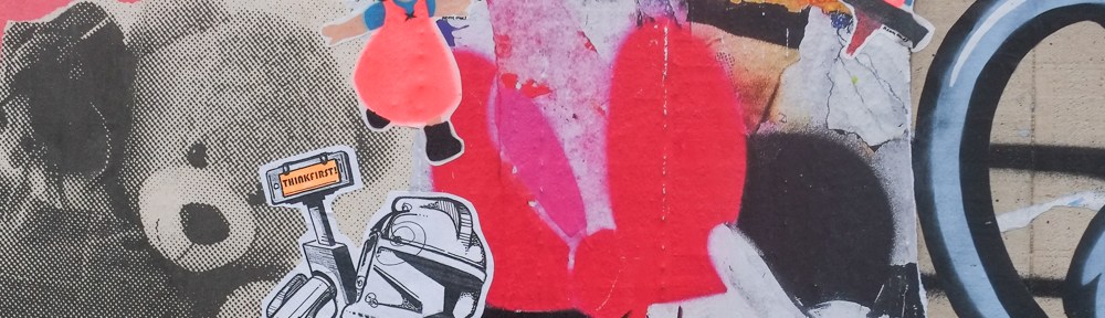 pasteups, teddy bear, robot lego man, small girl in pink dress,