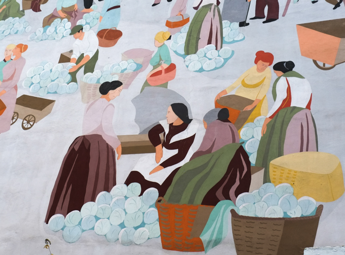 part of a larger mural depicting daily life in the previous century, in Wilhelmplatz in Nippes