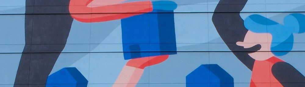part of a mural by Cecile Gariepy, in Montreal, of people passing blue cubes to each other