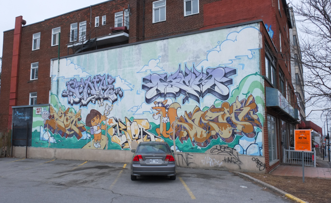 Dora the explorer mural in Wendys parking lot on Decarie, Montreal
