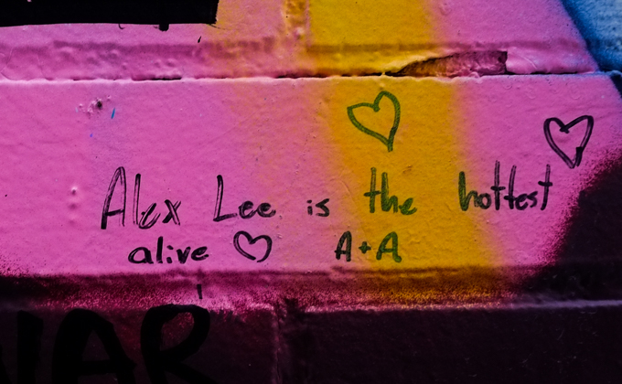graffiti that is all text, words that say Alex Lee is the hottest alive, A + A