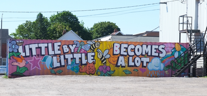 long wall with street art mural, background is bees, butterflies, birds, and flowers.  there is also text in block capital letters that say little by little becomes a lot