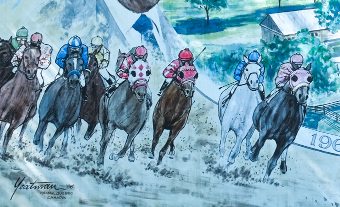 mural by David Yeatman showing E. P. Taylor and the Windfelds Farm in Oshawa where famous racing thoroughbred horse Northern Dancer was born