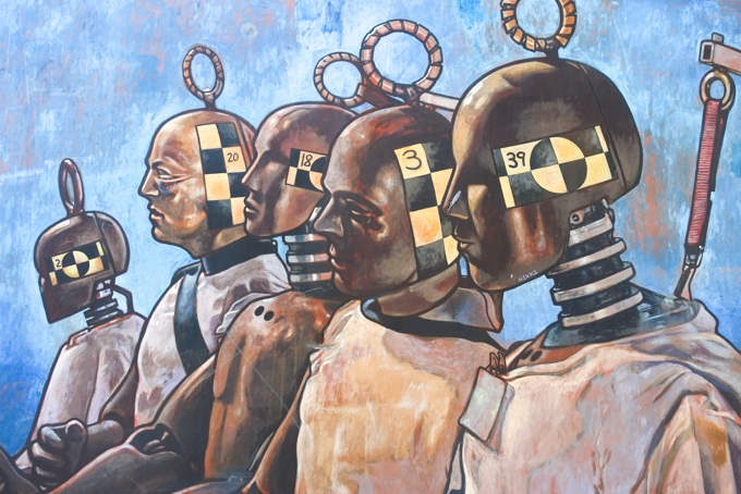 crash test dummies, in mural by John Hood