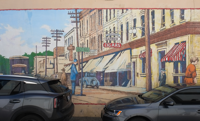 part of a mural by Dan and Peter Sawatzky in downtown Oshawa, image showing the city as it was in 1935