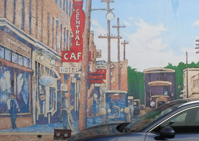 part of a mural by Dan and Peter Sawatzky in downtown Oshawa, image showing the city as it was in 1935