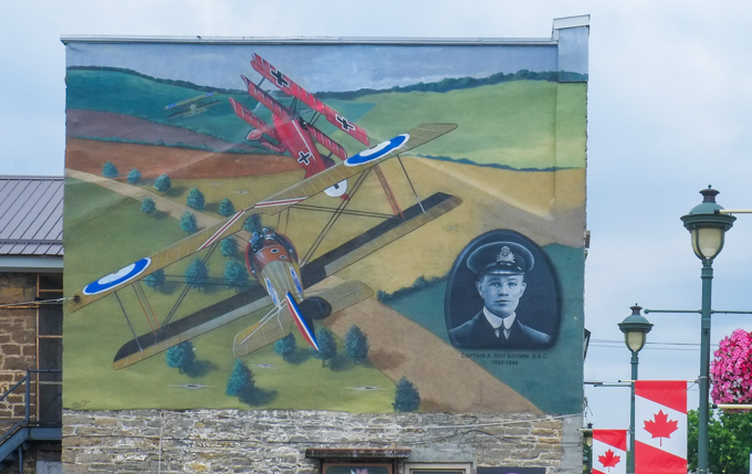 Captain Roy Brown of the RAF is featured in a World War one memorial mural, his biplane is shown in a dogfight with the Red Baron