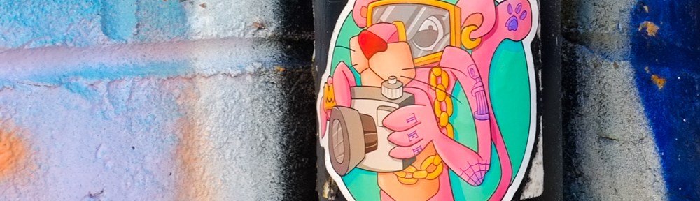 graffiti sticker on a metal pole, pink panther cartoon character holding a camera, and wearing a swim mask, by mik3 tee