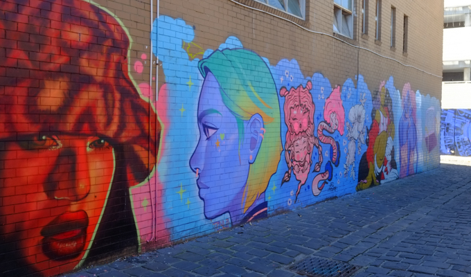 One of the walls covered with street art, Mirka Lane
