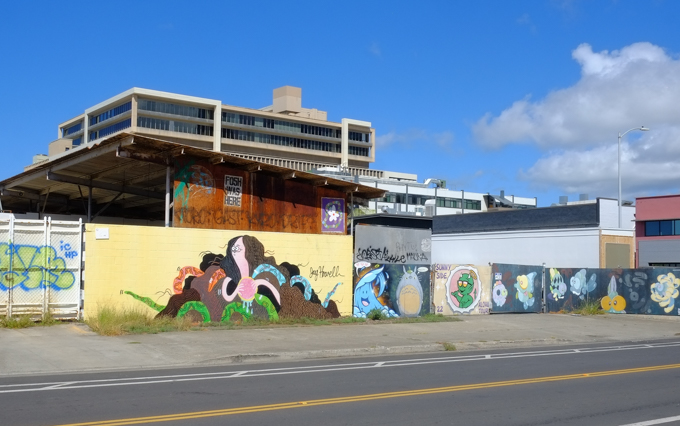 wall of street art by different artists, in Honolulu