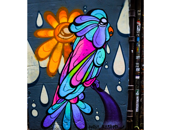 very abstract bird perched on a violet branch,  white raindrops and a yellow sun also in the picture