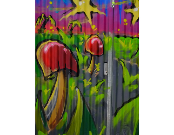 part of a larger mural,Bright red mushrooms in the grass palm trees in the background