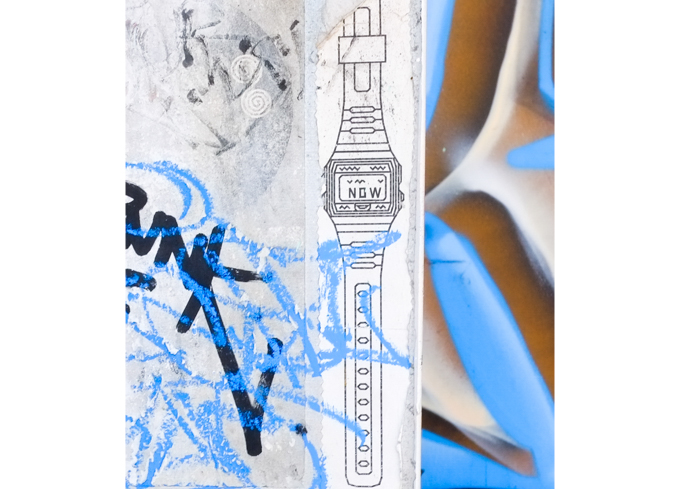 paste up graffiti, paper, black drawing of a watch with the time saying the word now rather than numbers