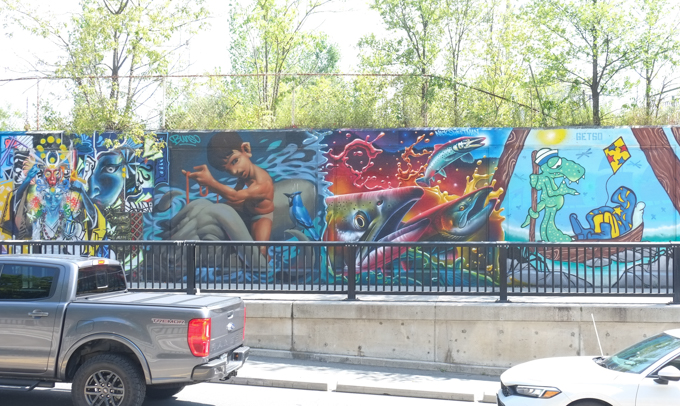 street art mural on wall of railway underpass on Bloor street West