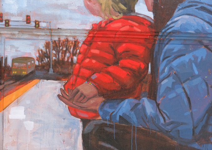 street art mural on wall of railway underpass on Bloor street West, Mother and daughter watching the traffic in a mural by Colin Tea, girl is called Violet