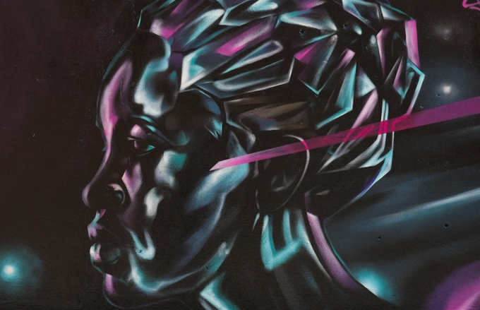 street art mural on wall of railway underpass on Bloor street West, by Drippin Soul, woman's portrait in profile in shades of black, teal and magenta
