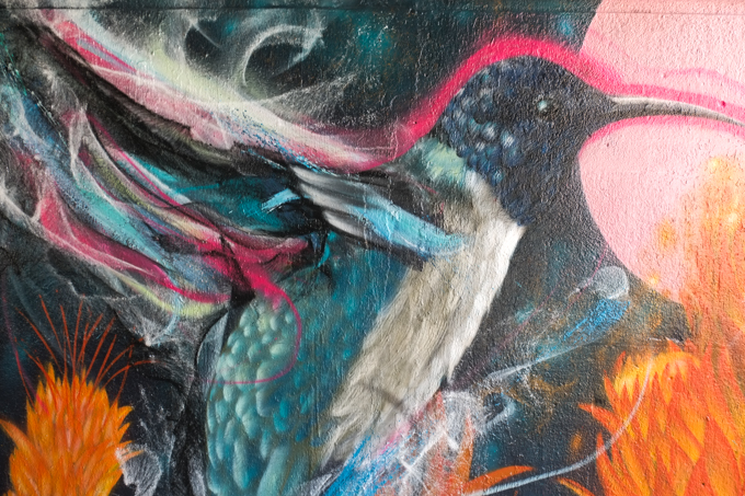 street art mural on wall of railway underpass on Bloor street West, hummingbird
