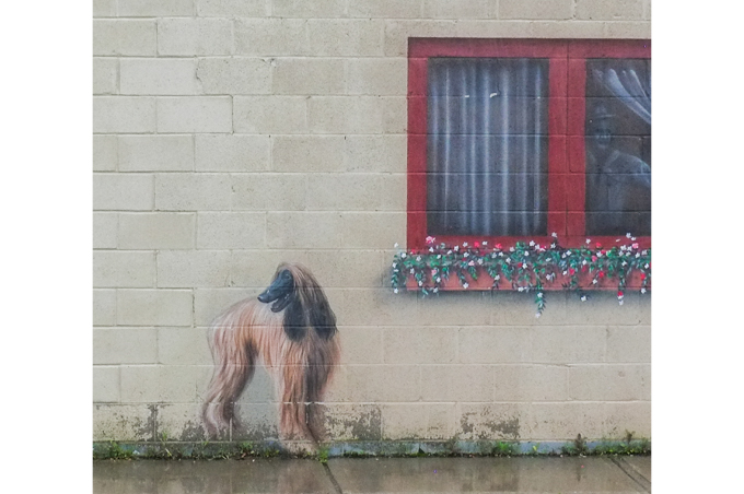 mural that looks like life size real image of a large dog standing beside a window
