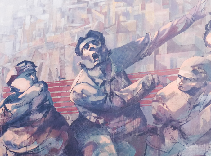 large mural, Kolijka by a pair of Polish artists known as SEPE and Chazme, close up of one of the men in the mural