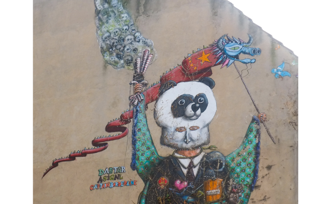 urban art, street art, in Cologne Germany, near Ehrenfeld station, A Chinese Fairy Tale" painted by the street art crew Captain Borderline, A.Signl and Dabtar, dragon puppet, panda mask,