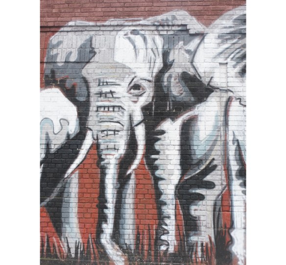 grey elephants on brown background, mural in Salem