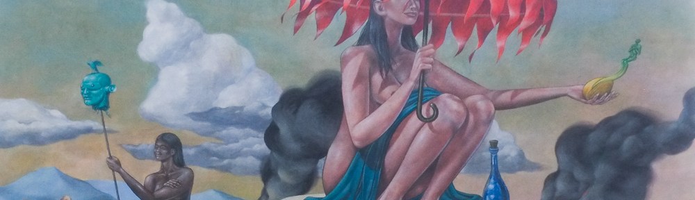top part of a mural by Alexsei titled Matriarchy, a young woman holding a red fringed umbrella over her head while she sits on top of a person's head