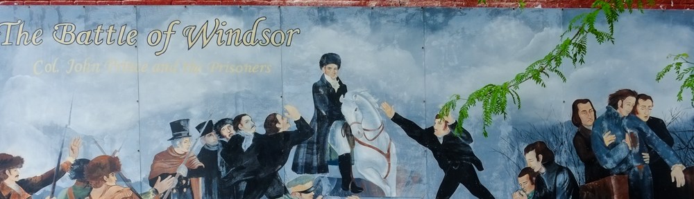 Colonel John Prince on his white horse leading the Battle of Windsor, in a mural, men with rifles walking beside him
