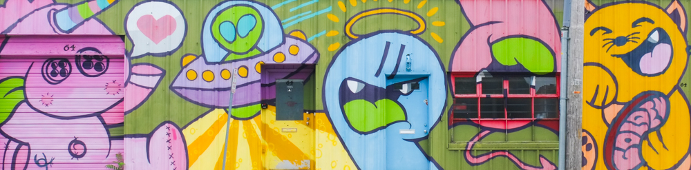 part of a mural in Salem Massachusetts, cartoon like characters in bright colours