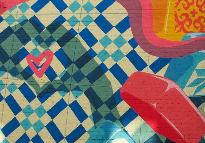 blue and white squares and rectangles like patterns on Portuguese ceramic tiles, mural by Kevin Ledo