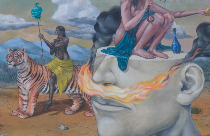 urban art, street art, in Cologne Germany, near Ehrenfeld station, "Matriarchy" by Ukrainian street artist AEC Interesni Kazki aka Aleksei Bordusov, black woman sitting on tiger's back, grey person with top of head missing