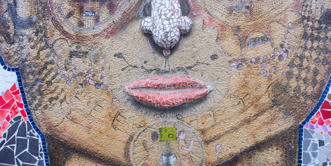 3D mosaic head by Captain Borderline, close up of nose, red lips, closed mouth