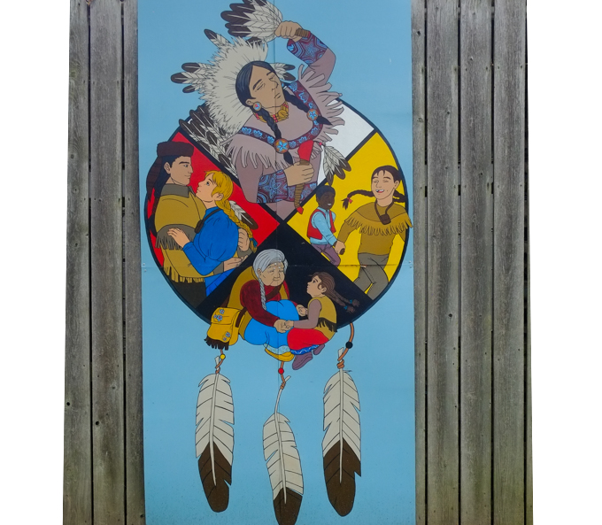 street art painting of dreamcatcher but in circle part are four pictures, each in a quadrant of the circle