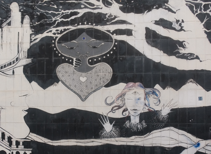 urban art, street art, in Cologne Germany, near Ehrenfeld station, part of mystical wall mural by Captain Borderline and Rakaposhii, two women, in black and white