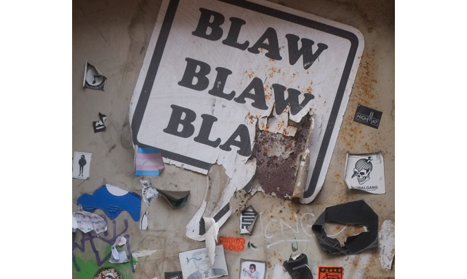 urban art, street art, in Cologne Germany, near Ehrenfeld station, large paste up with blaw, blaw, blaw in a text bubble