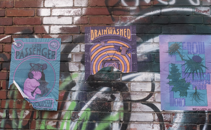 urban art, street art, in Cologne Germany, near Ehrenfeld station, three posters by Vanessa Slagter