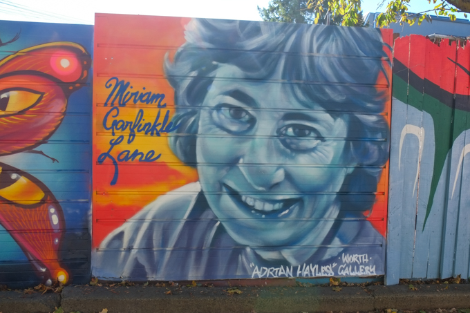 street art mural on garage door in Miriam Garfinkle Lane