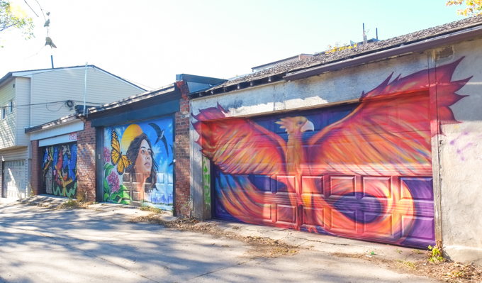street art mural on garage door in Miriam Garfinkle Lane,