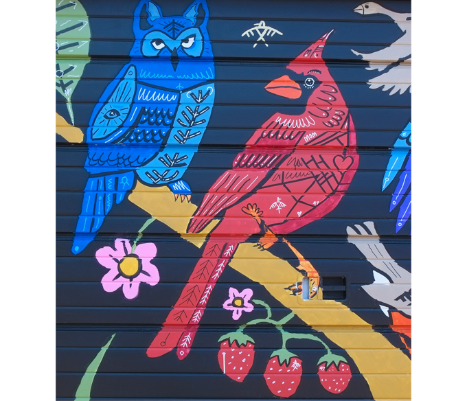 street art mural on garage door in Miriam Garfinkle Lane, by Bradley Reinhardt, a blue owl and a red northern cardinal