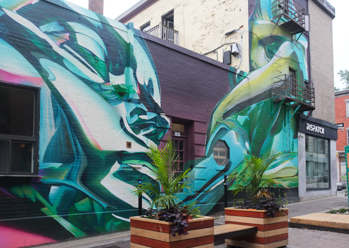 mural by Alex Bacon on Rue Duluth in Montreal, large face that looks like its sleeping, also painted to look metallic, chrome like