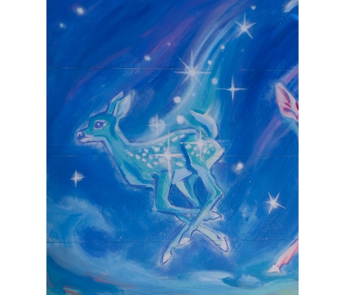 street art mural on garage door in Miriam Garfinkle Lane, night sky, stars, fawn