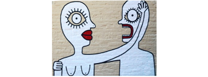 bottom part of mural, two figures sanding together