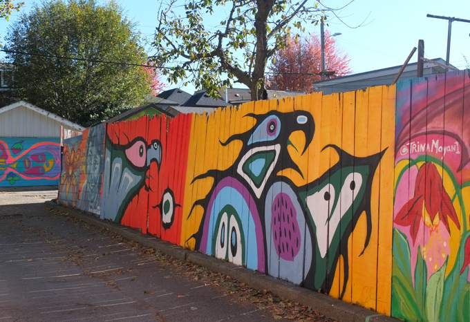 street art mural on garage door in Miriam Garfinkle Lane, indigenous art, birds