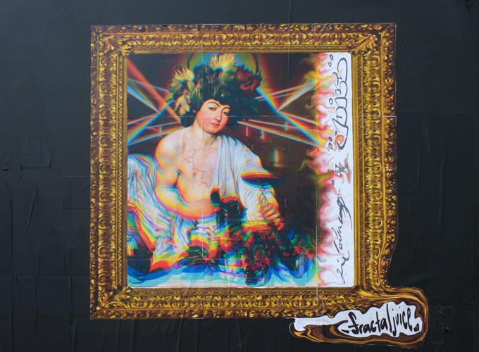 graffiti, fractal juice, framed picture of person with colours shifted so that it looks like it is in multiple copies. Person has black hair and many red and yellow flowers in hair, topless, with white fabric draped over one shoulder