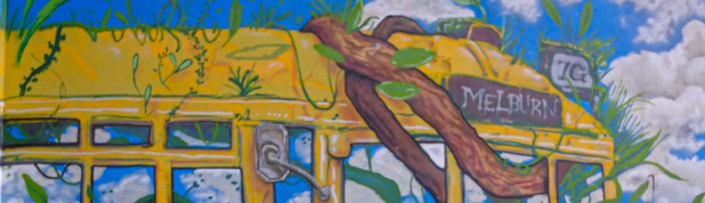 top of a yellow Melbourne tram, abandoned, with leaves and vines growing through it, in a mural in Melbourne by Mike Makatron and Conrad Bizjak