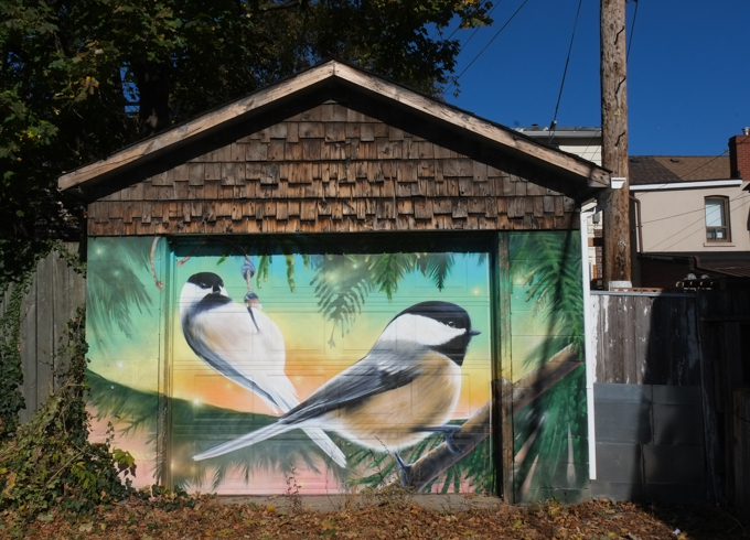 street art mural on garage door in Miriam Garfinkle Lane, by Nick Sweetman, chickadees