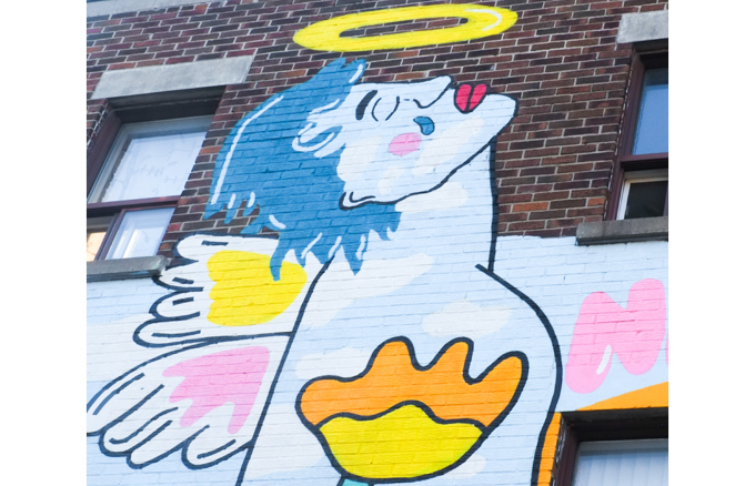 very white man with red lips and eyes closed looking upward, a halo over his head, wings on his back, in a mural by Kezna Dalz
