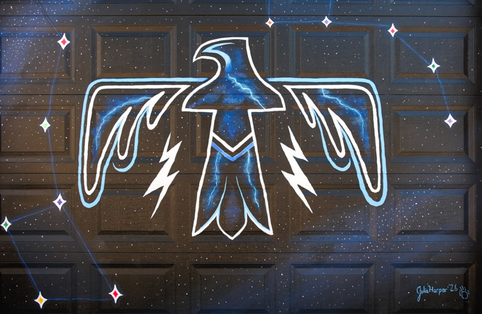 street art mural on garage door in Miriam Garfinkle Lane, by Julia Harper, stars in night sky, thunderbird in the heavens