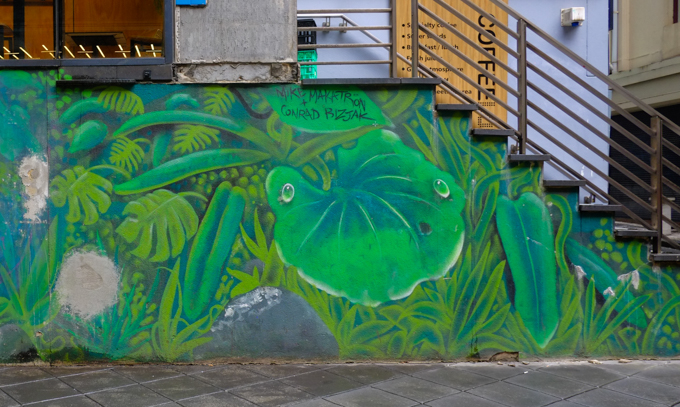 mural with large green leaves by a set of stairs leading to a coffee shop