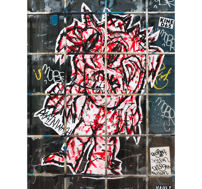 drawing in black with red scribbled over it, that looks vaguely like a person, graffiti