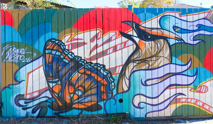 Miguel Albino, street art mural, cedar waxwing bird and a butterfly, on a wood fence in Miraim Garfinkle lane
